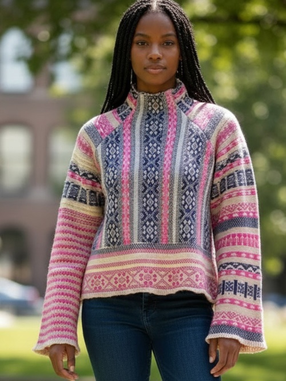 FATE Blue and Pink Mock Neck Fair Isle Sweater, size small
